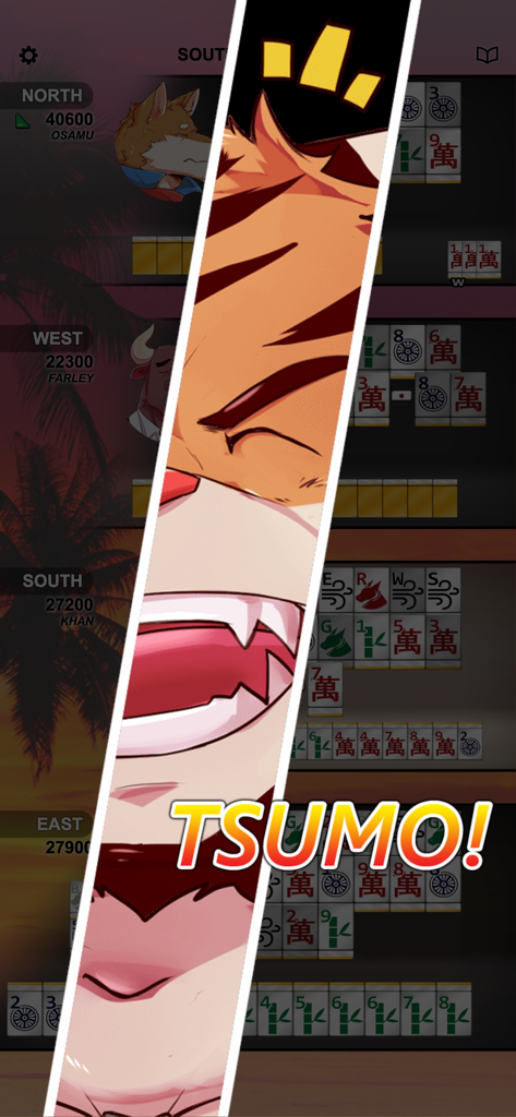 Kemono Mahjong - Kemono Mahjong gameplay showing a Tsumo win with a tiger character