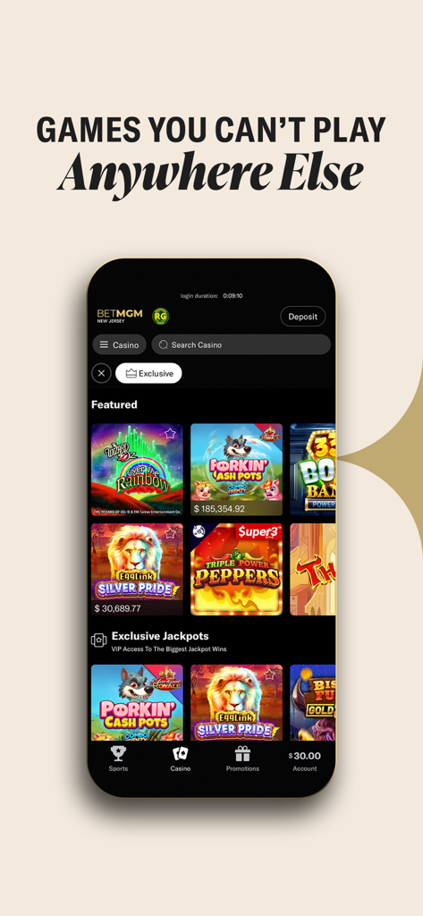 Interface of BetMGM Casino app showcasing exclusive real money slot games and jackpots on a mobile phone