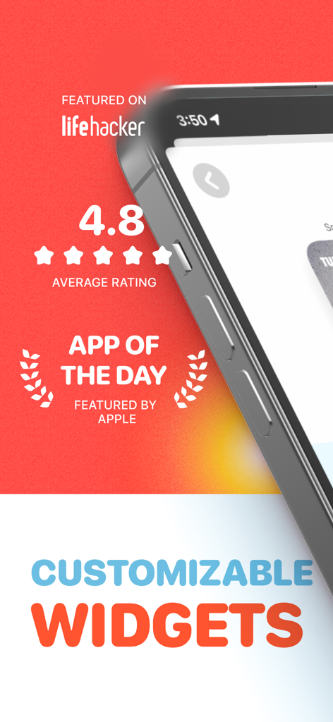 Countdown Buddy promotional screen showing a 4.8 star rating and Apple App of the Day award