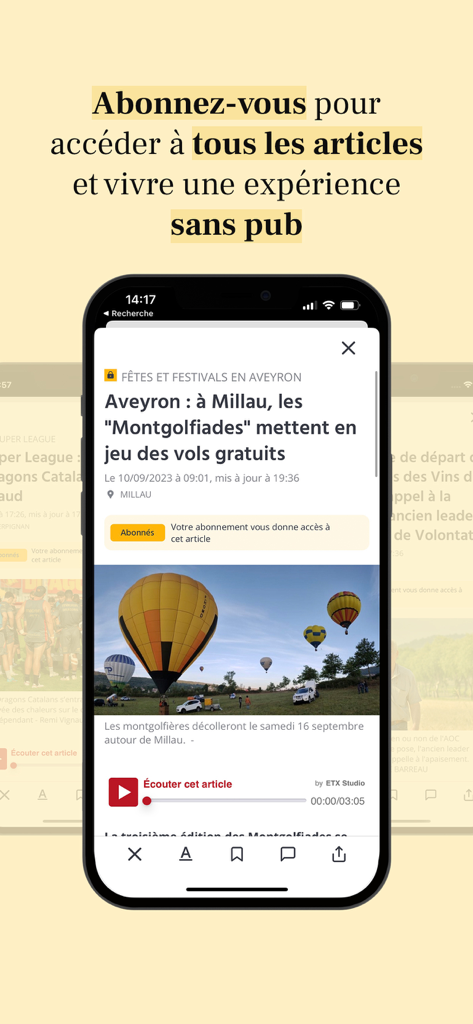Écran de smartphone affichant l'application Centre Presse Aveyron avec un article local sur un festival de montgolfières à Millau et une offre d'abonnement.