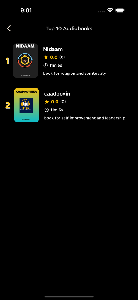 IFIYE Somali Audiobooks - 宗教と自己改善のためのトップ10ソマリ語オーディオブックのリストを表示する画面。