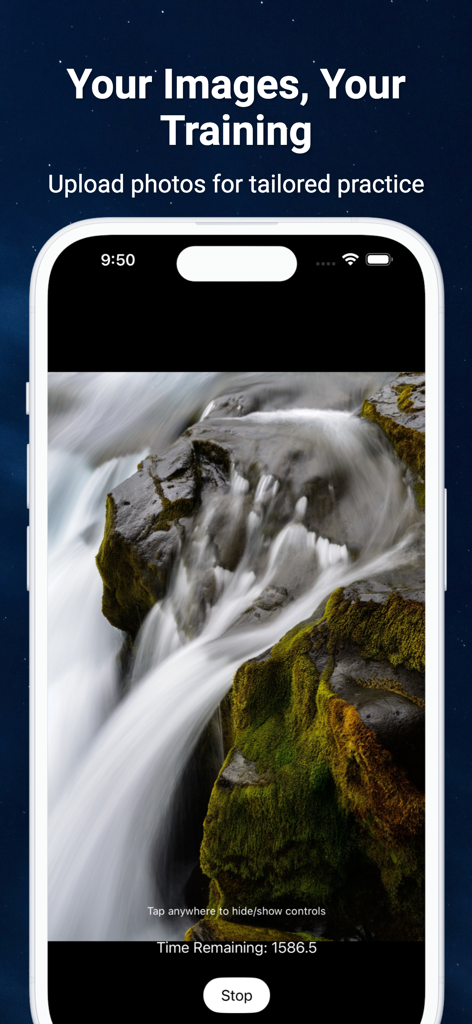 Tachistoscope - Tachistoscope app interface displaying a custom uploaded photo of a waterfall for visual memory training.