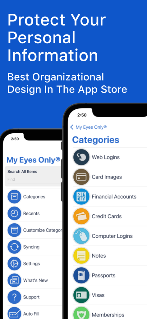 My Eyes Only Password Manager - Screenshot of the My Eyes Only app interface showing categorized lists for web logins financial accounts and personal documents