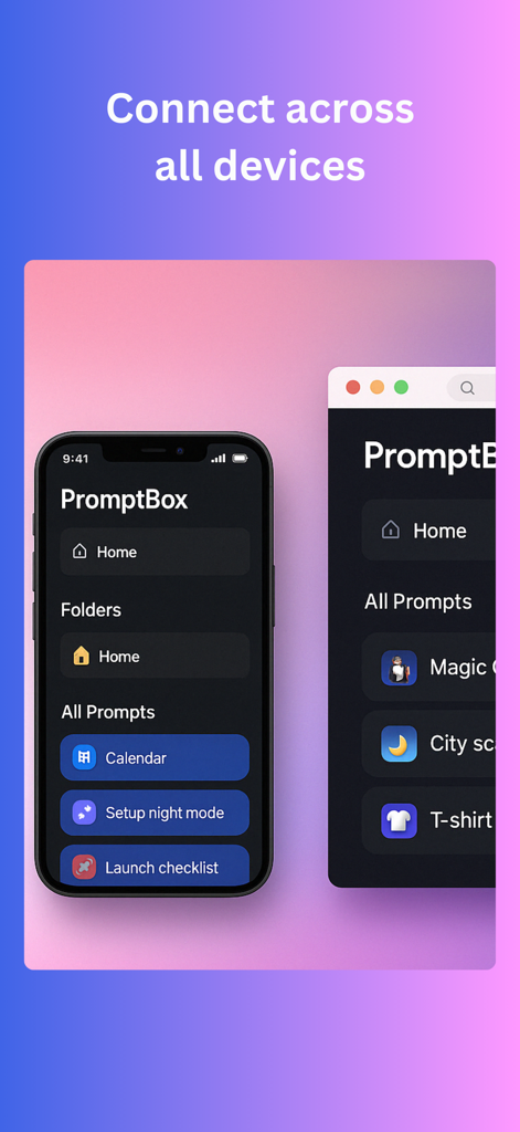 PromptBox Mobile - PromptBox interface showcasing prompt synchronization across iPhone and desktop.