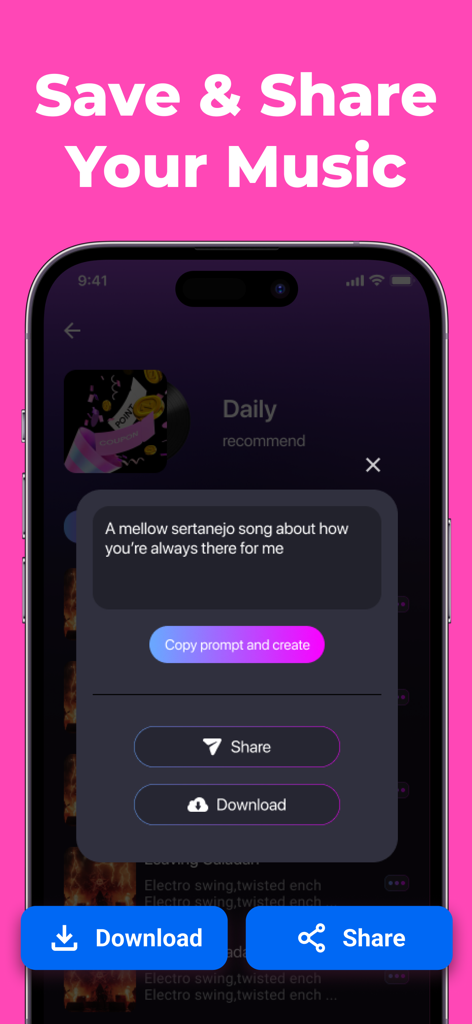 AI Music Generator AI Songs - Interface of AI Music Generator app showing options to save share and download generated songs