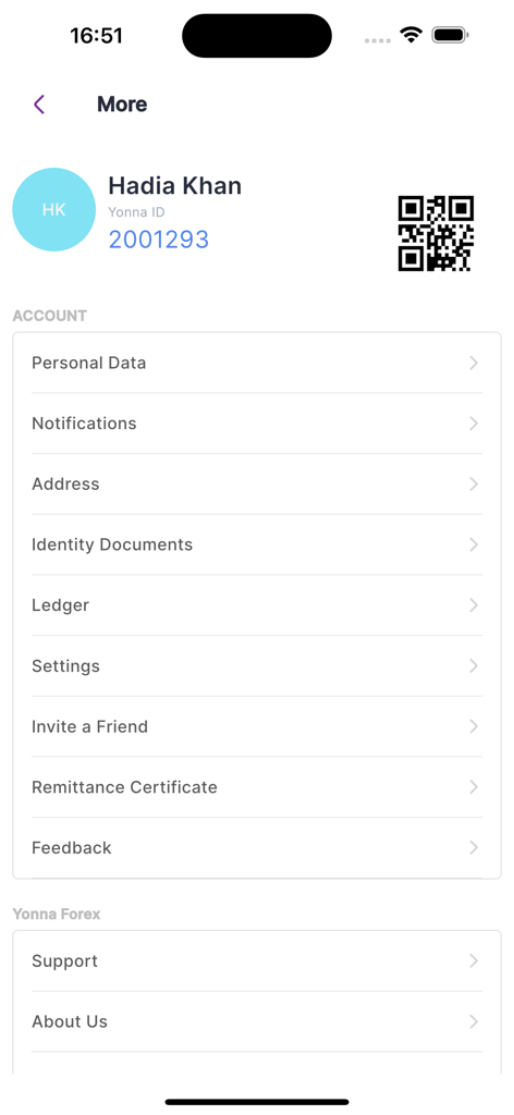 Yonna Wallet - The account and settings menu in the Yonna Wallet app showing user profile information and management options.