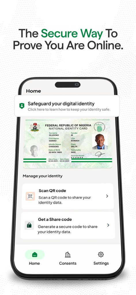 NINAuth - NINAuth app home screen showing a digital Nigerian National Identity Card and secure identity sharing options