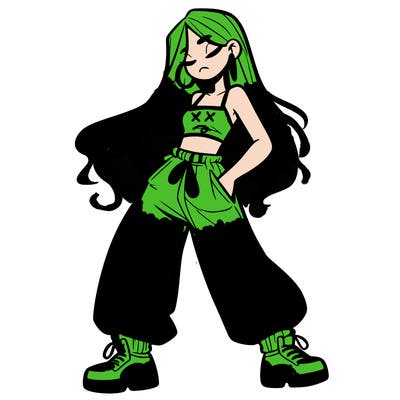 girl in baggy pants crop top and long hair