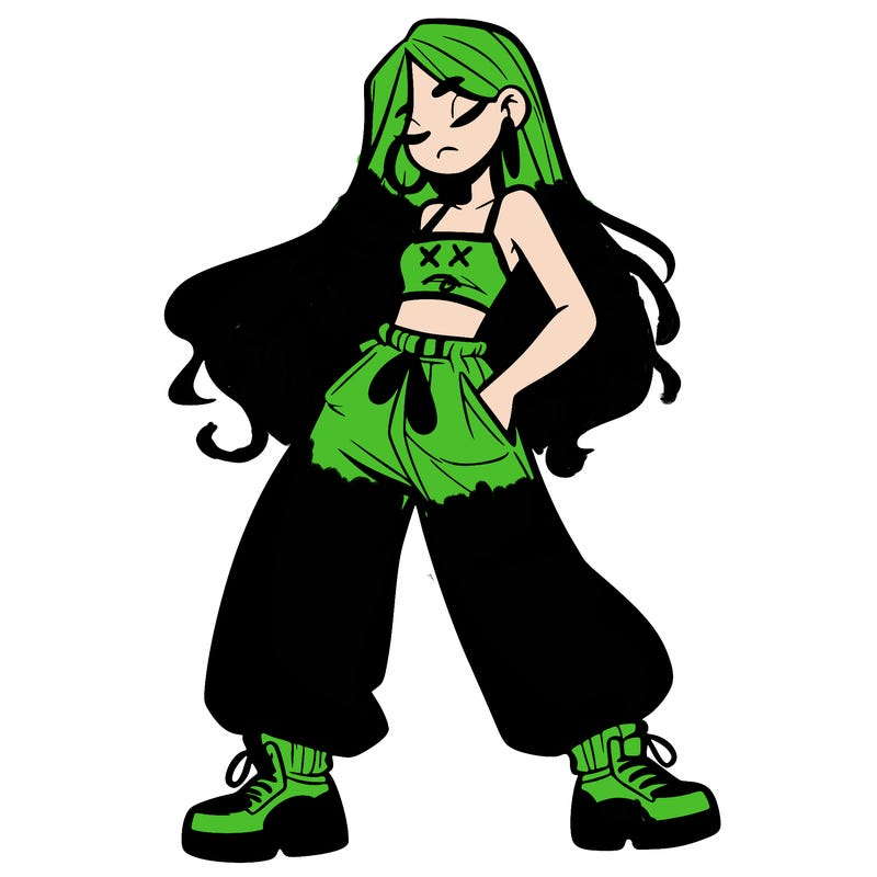 girl in baggy pants crop top and long hair