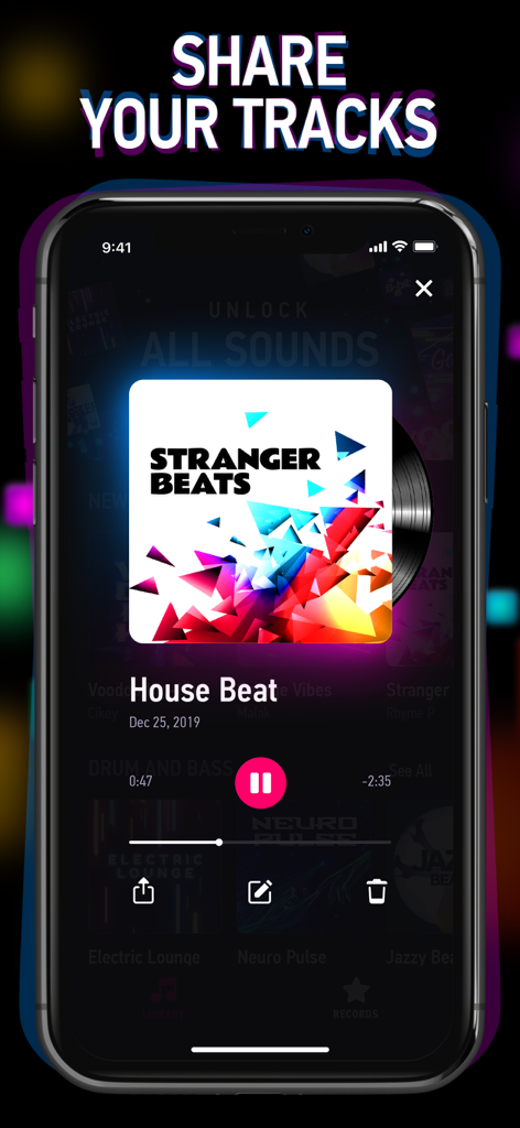 Beat Machine - Music Drum Pads - A mobile interface for sharing music tracks created with Beat Machine drum pads app
