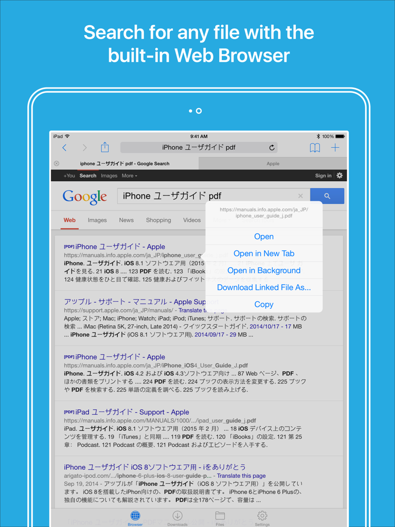 Files HD - File Manager - Files HD iPad app built-in web browser showing search results with a menu to download a PDF file