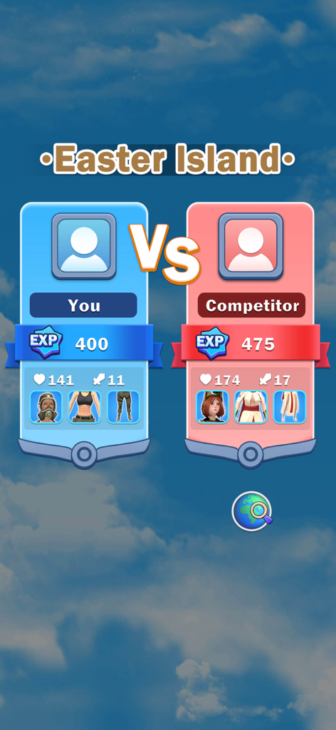 Archery Master: Hero Clash 3d - Una pantalla de emparejamiento competitivo en Archery Master Hero Clash 3d con estadísticas del jugador y del oponente en Isla de Pascua.