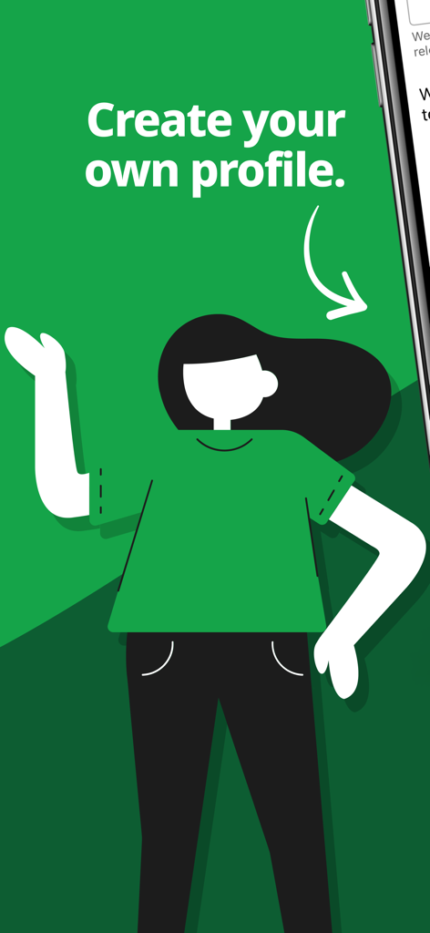 Uma ilustração de uma pessoa ao lado do texto Crie seu próprio perfil em um fundo verde no aplicativo Jora Jobs