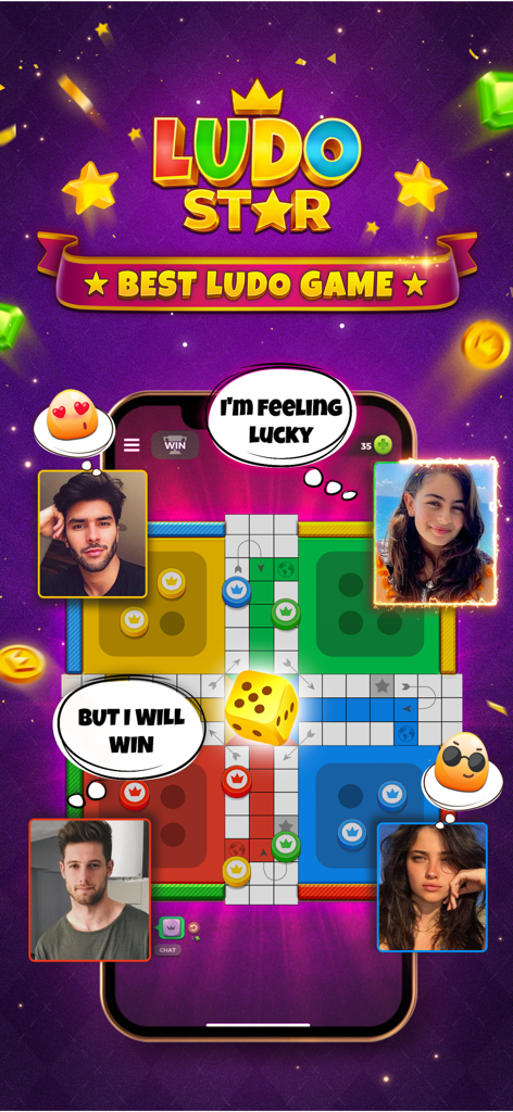 Ludo STAR mobile app interface showing a 4-player match with social interaction bubbles and player avatars