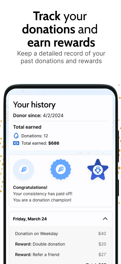 Grifols Plasma Donor Hub app interface showing donation history total earnings and achievement rewards