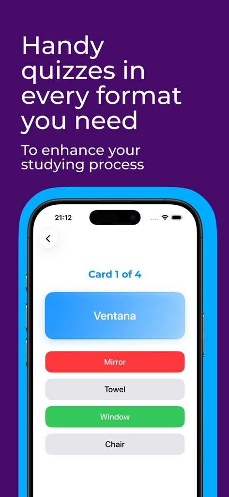 Flashcards: Easy Make & Learn - A multiple choice quiz screen in the Flashcards app showing a Spanish vocabulary lesson with correct and incorrect answers highlighted.