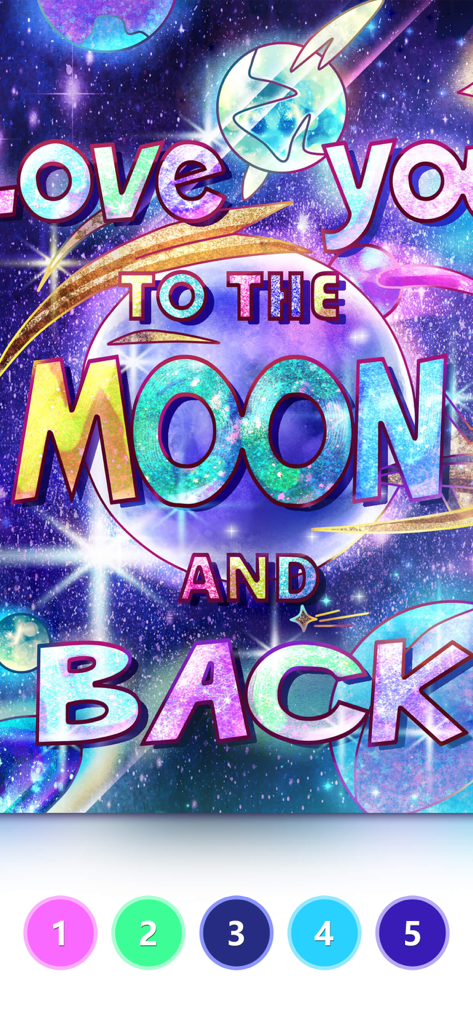 「あなたを月にまで愛してる」という文字が入った、宇宙をテーマにした数字で色塗りページ
