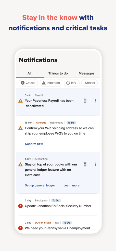 ADP RUN - ADP RUN app notifications center showing payroll alerts and business compliance tasks
