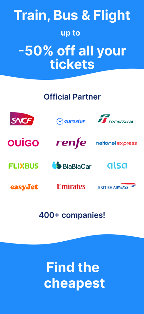 Kombo: Train, Bus & Flights - Kombo app interface showing official travel partners and transportation discounts