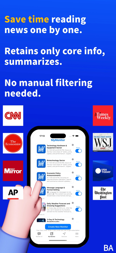 Monitor AI: News-Summarize - Interfaz de la aplicación Monitor AI que muestra resúmenes de noticias personalizados y filtros específicos del sector con logotipos de los principales medios de comunicación.