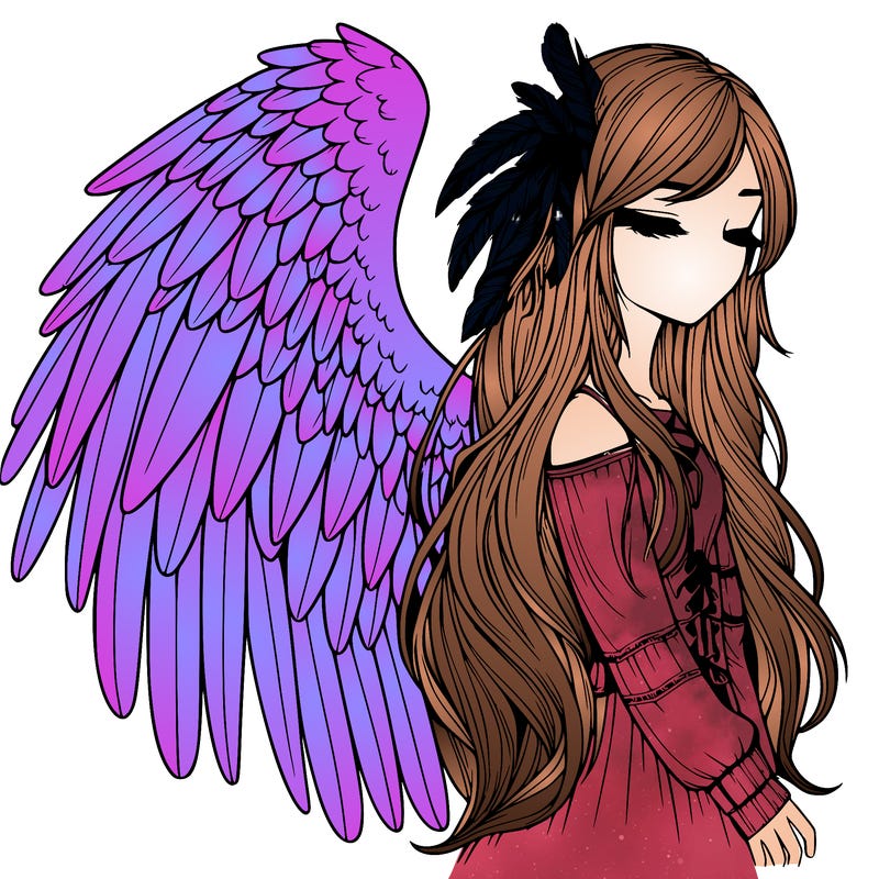 realistic girl with bird wings and some feathers in her hair
