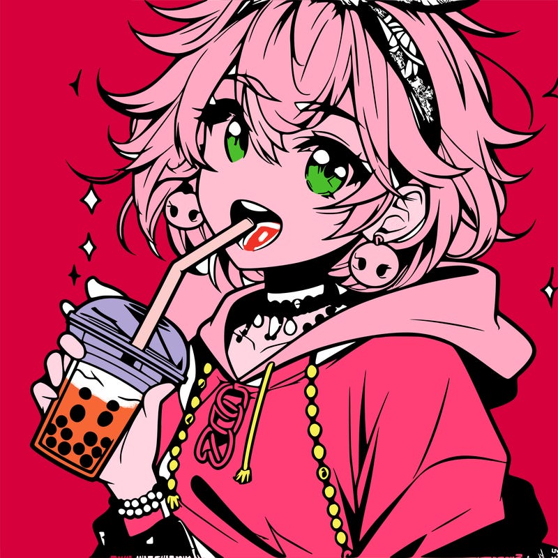 hot baddie anime girl drinking boba and biting the straw