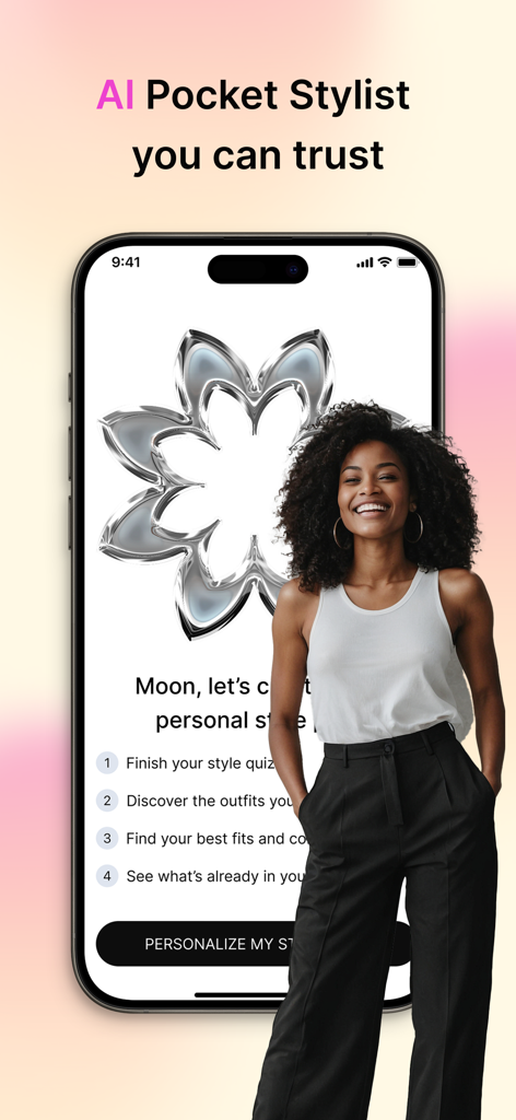 Dressly: AI Outfit Stylist - Pantalla de la aplicación móvil Dressly mostrando funciones de personalización de estilista de bolsillo con IA con una mujer elegante