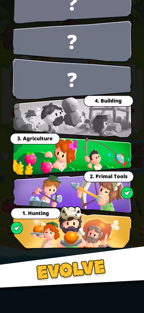 Menu no jogo mostrando níveis de progressão através de estágios da evolução humana como caça e agricultura