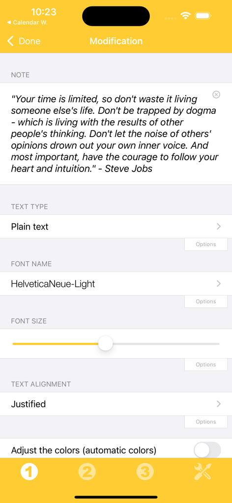 Tela de personalização para edição de tamanho de fonte e configurações de alinhamento do widget de notas