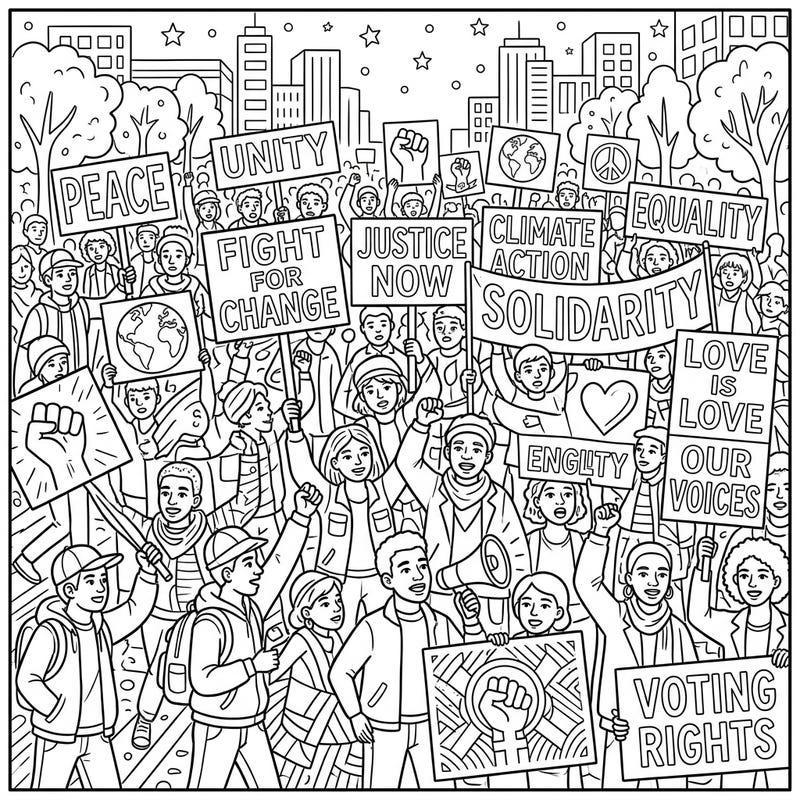 Dive into a powerful scene of unity and activism with this detailed protest and demonstration coloring page. Express your support for peace, justice, and equality by bringing this vibrant movement to life with your colors.