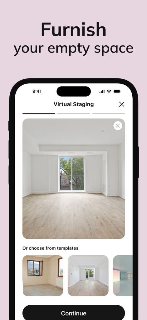 Interfaz de la aplicación Interior AI para la decoración virtual de una habitación vacía