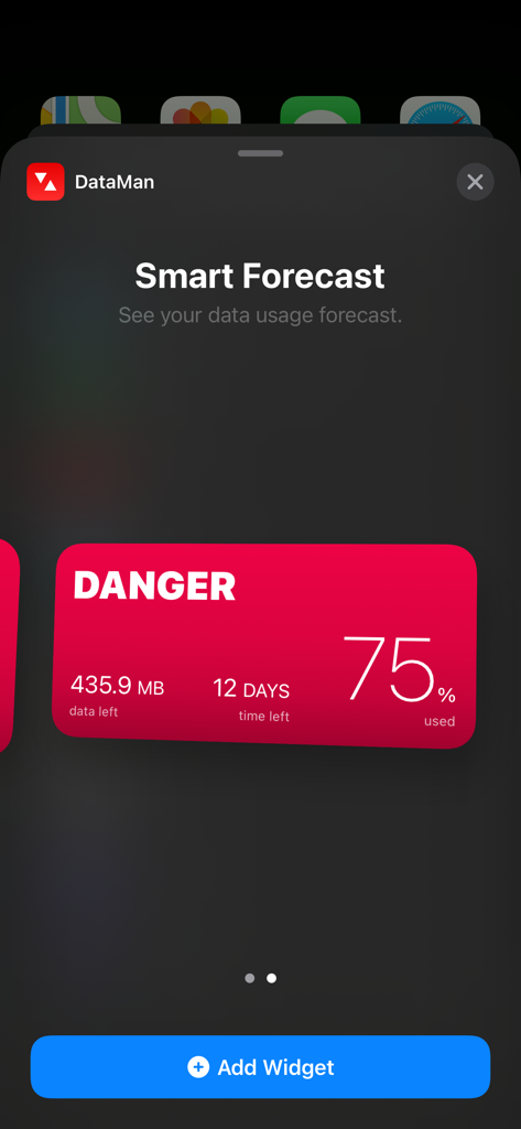 DataMan - Data Usage Widget - DataMan smart forecast widget showing a data usage danger alert