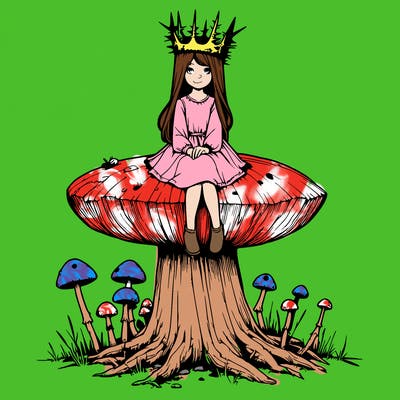 realistic girl sitting on a huge tree stump size toadstool with thorn crown