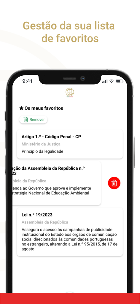 Diário da República - Interface da app Diário da República a mostrar a gestão de leis e artigos favoritos guardados.