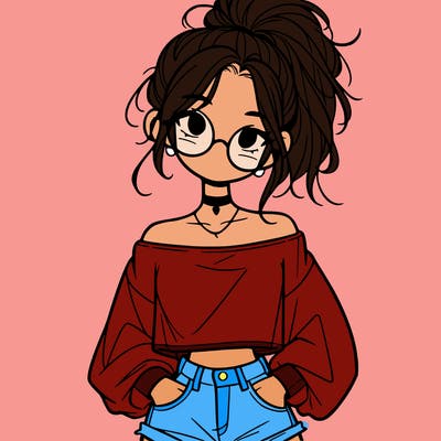 girl with a messy ponytail glasses a baggy crop top and jean shorts