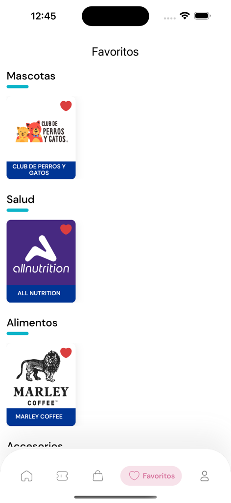 CyberApp - Pantalla de Favoritos en CyberApp mostrando marcas guardadas en varias categorías de compras como Mascotas, Salud y Comida.