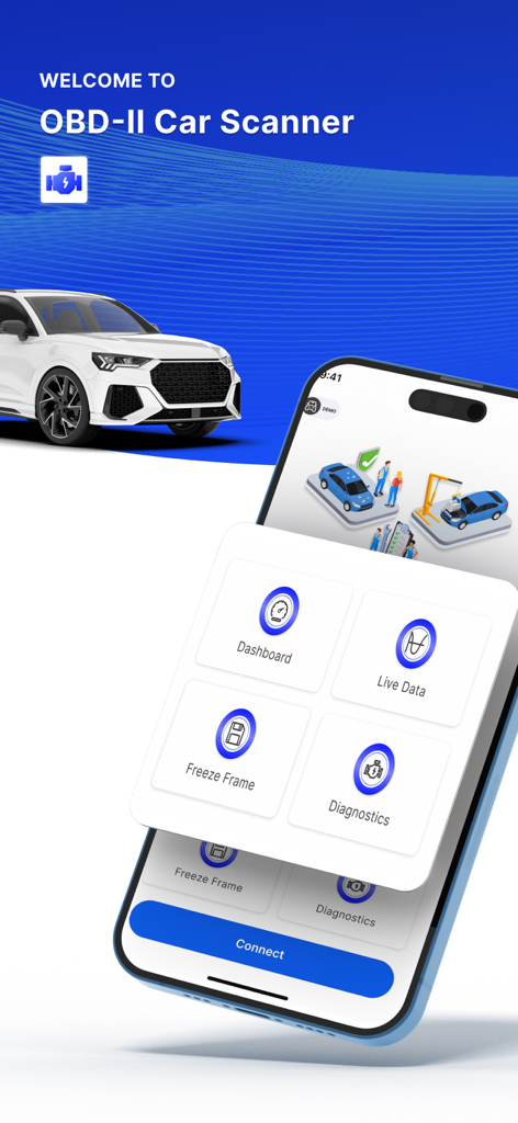 OBD2 Car Scanner - Torque FixD - Pantalla de bienvenida de la aplicación Escáner de Coche OBD2 mostrando funciones de diagnóstico y opciones del panel en un smartphone