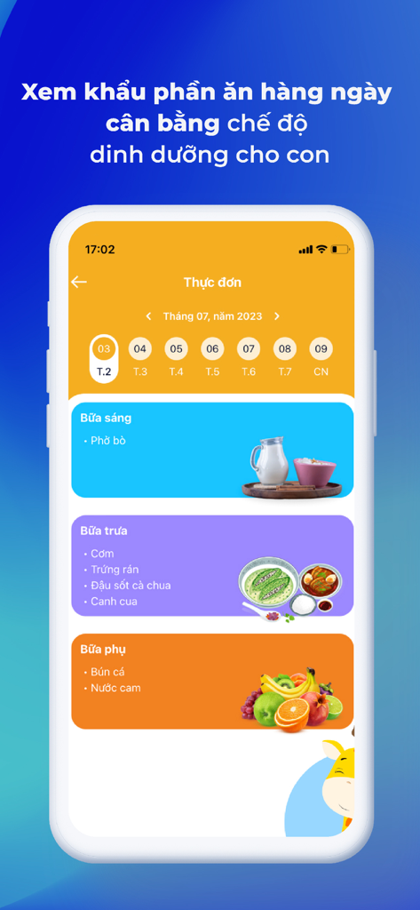vnEdu Connect - Capture d'écran de l'application vnEdu Connect affichant un menu de repas scolaire quotidien avec des options de petit-déjeuner, déjeuner et collation pour les élèves