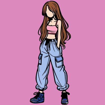 girl in baggy pants crop top and long hair