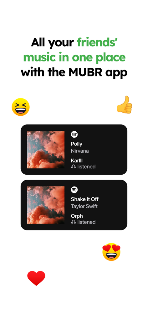 MUBR app interface showing a feed of songs that friends are currently listening to on Spotify