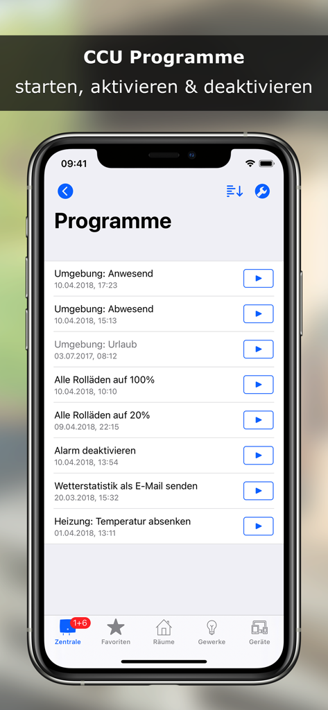 Captura de pantalla de la aplicación @Home para Homematic que muestra una lista de programas de CCU en un iPhone