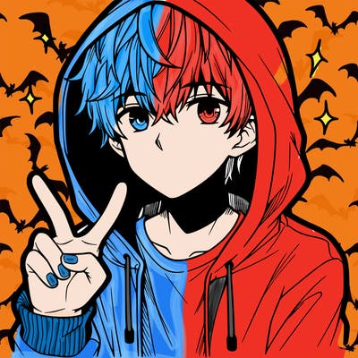 teenage manga boy in a hoodie, doing ✌