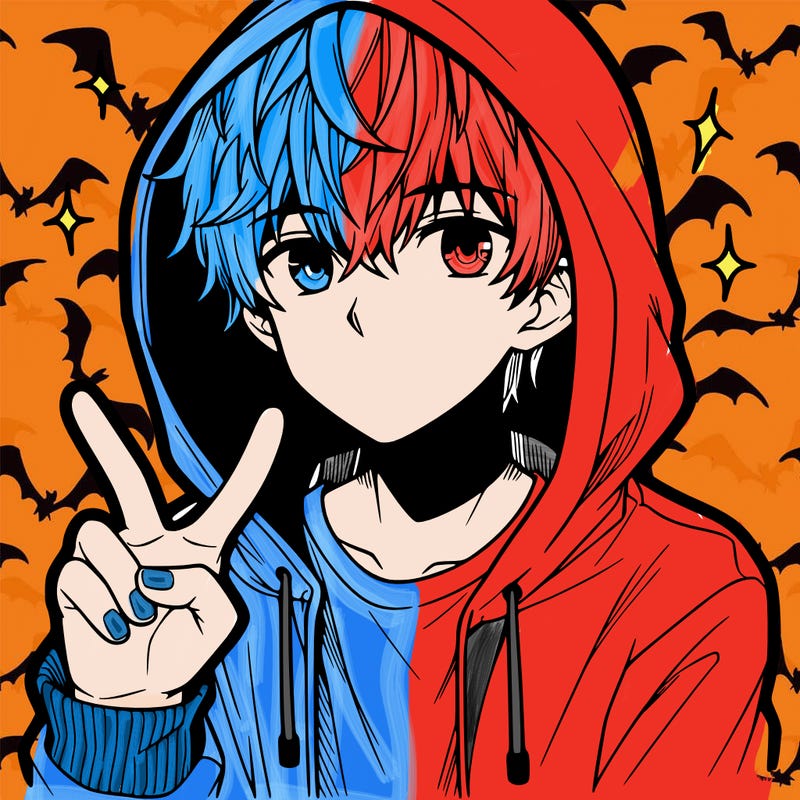 teenage manga boy in a hoodie, doing ✌