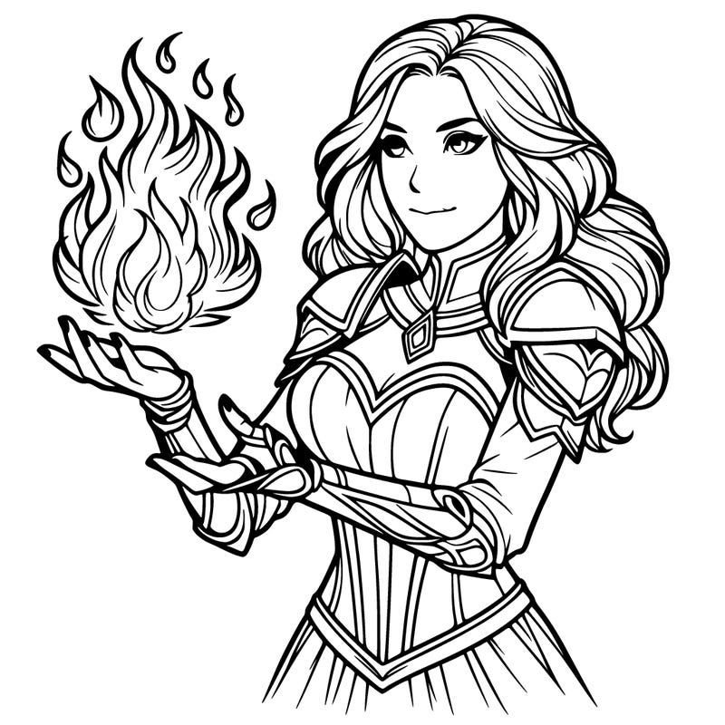 realistic magical woman in fire armor with fire in her hands
