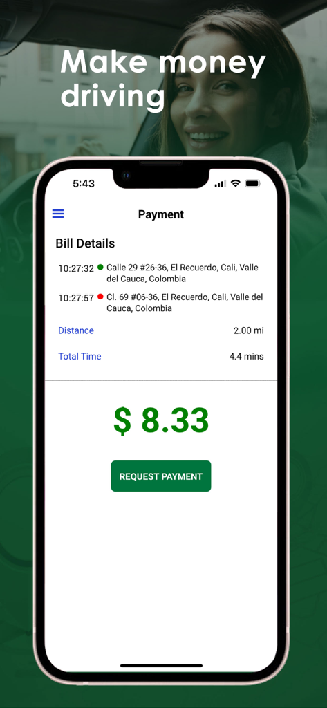 Nubeli Driver app payment screen showing trip bill details and earnings of eight dollars and thirty three cents