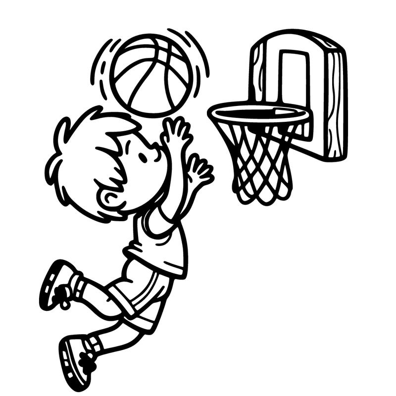 basketball. a child shooting a basketball into a hoop.  capturing the joy and energy of play, with clean, bold outlines suitable for coloring.