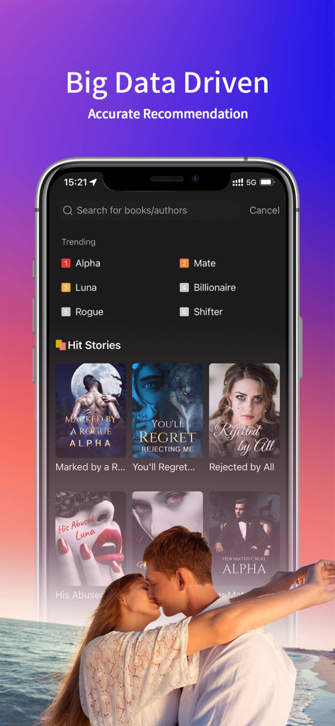 Storydo - Fiction, Story - Storydo mobile app interface displaying trending werewolf and billionaire romance story recommendations