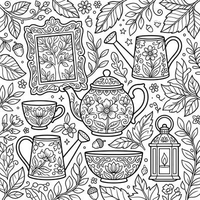 Dive into a world of natural beauty with this charming botanical decor coloring page designed specifically for kids. It features delightful household items adorned with flowers and leaves, perfect for sparking creativity.