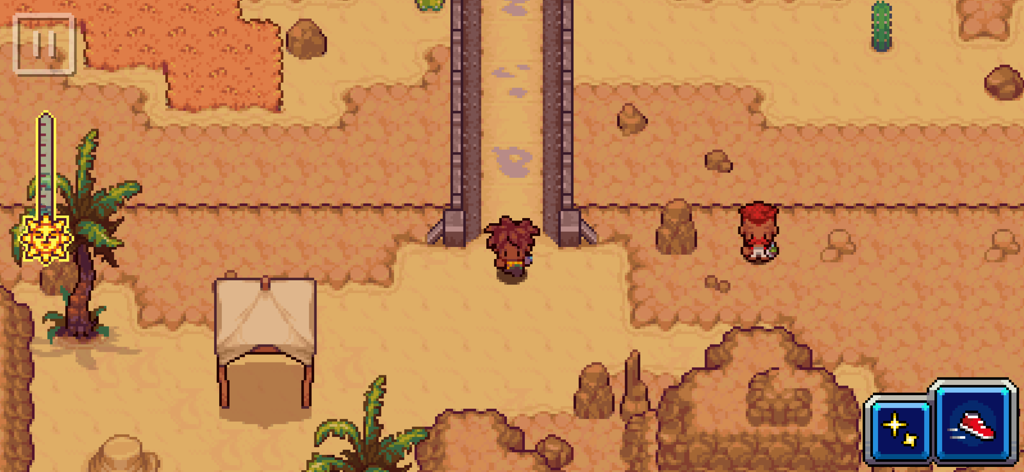 Coromon character exploring a desert landscape with pixel art graphics