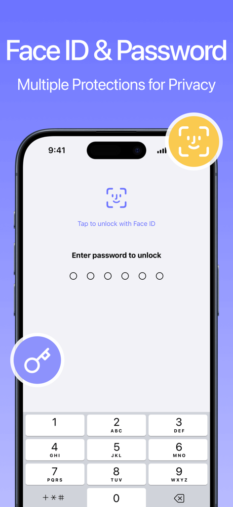 Calculator AppLock - Lock Apps - Interfaz de Calculator AppLock que muestra opciones de desbloqueo con Face ID y contraseña numérica para una mayor privacidad.